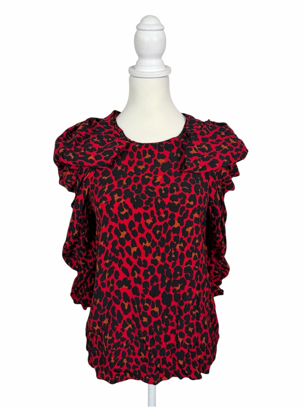 Zara Basic Red Animal Print Blouse Ruffle Sleeve Keyhole Back Trendy Chic Top